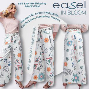EASEL "IN BLOOM" Printed Denim Pants Flared Leg Relaxed Fit Stretchy Comfortable
